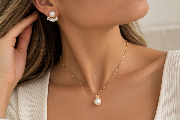COMPLIMENTI Pearl Set with pearl crystal earrings and pearl pendant necklace