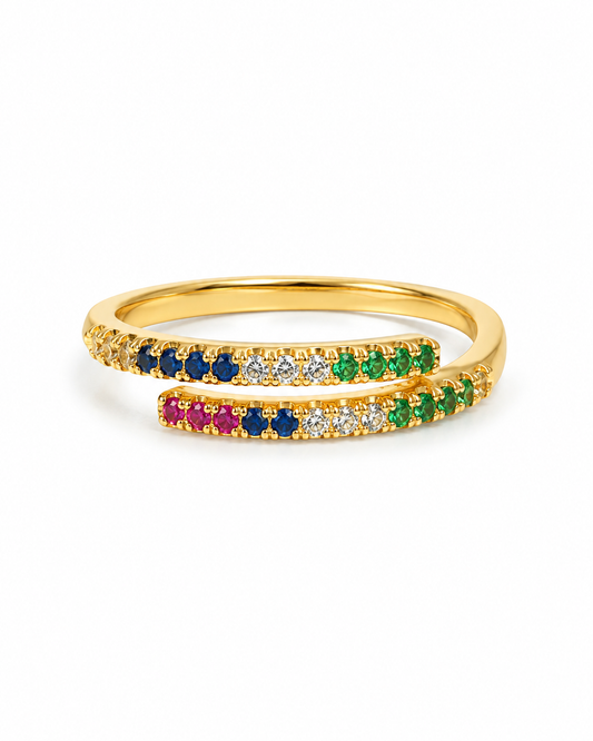 COMPLIMENTI gold-plated adjustable multicolor stone ring on white background