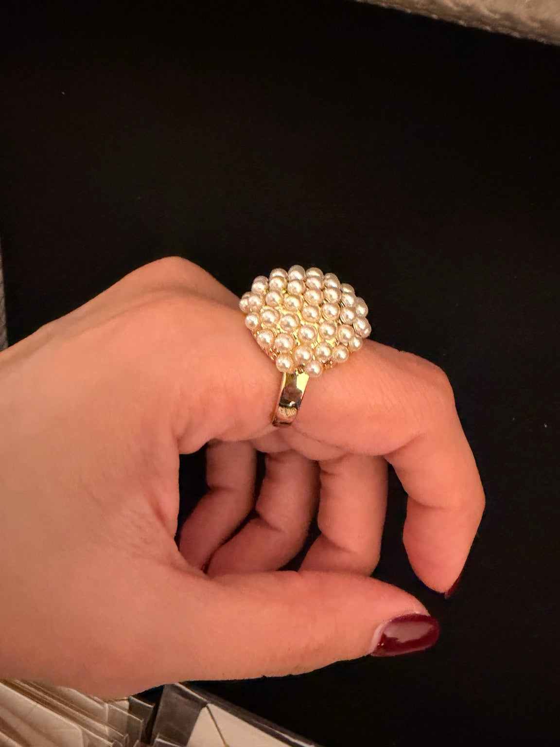 COMPLIMENTI gold-plated pearl cluster statement ring side view showing gold band