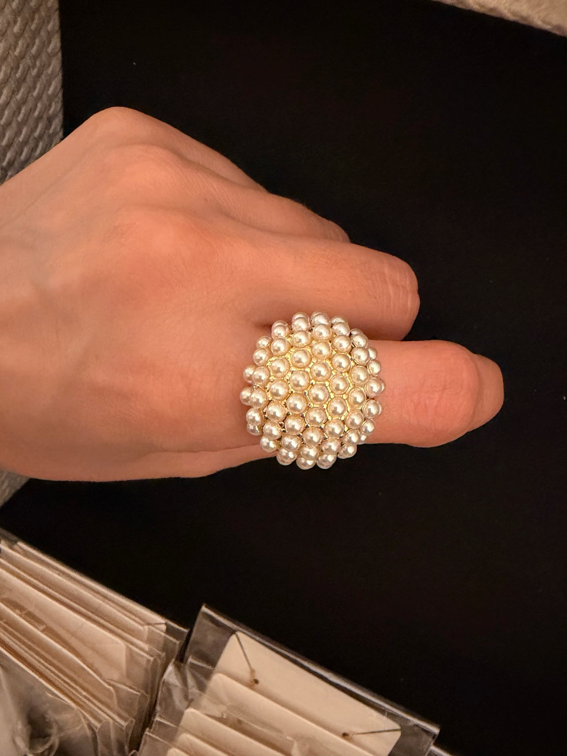 COMPLIMENTI gold-plated pearl cluster statement ring worn front view