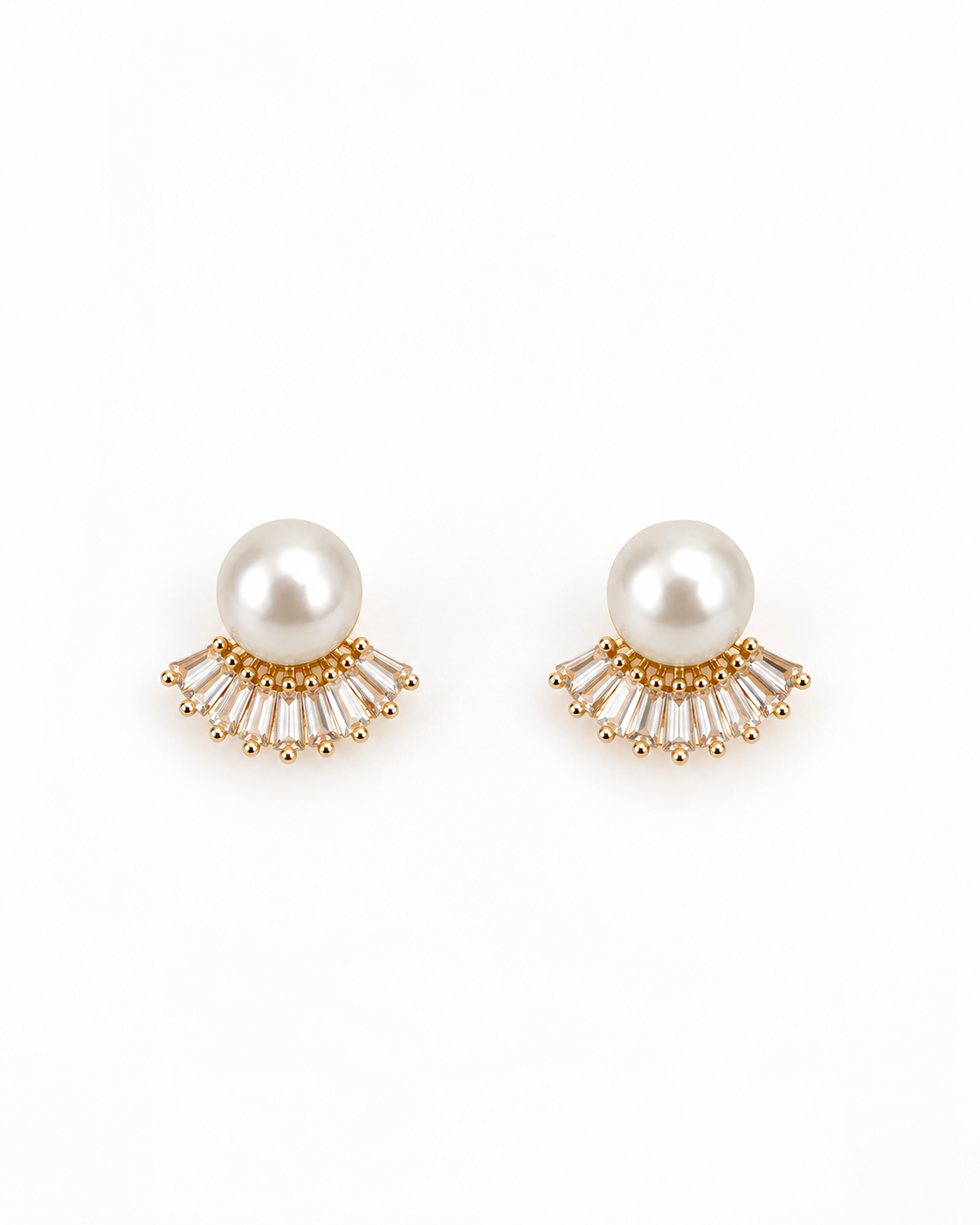 COMPLIMENTI gold-plated pearl and crystal fan stud earrings on white background