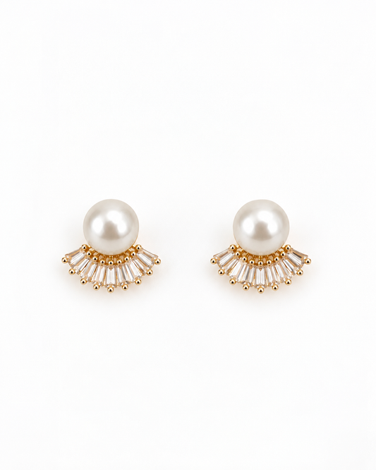 COMPLIMENTI gold-plated pearl and crystal fan stud earrings on white background