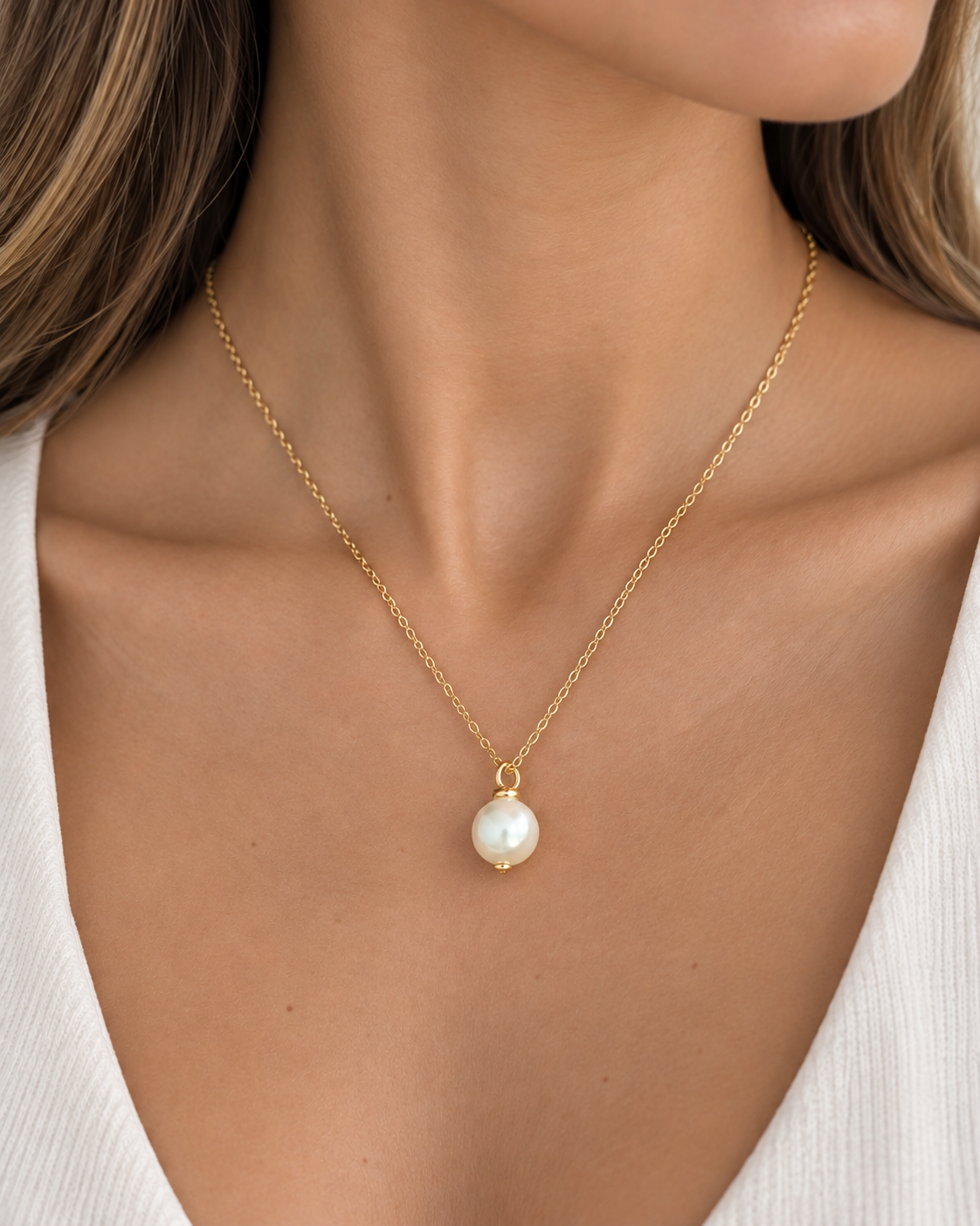 Model wearing COMPLIMENTI gold-plated pearl pendant necklace, 16 inches
