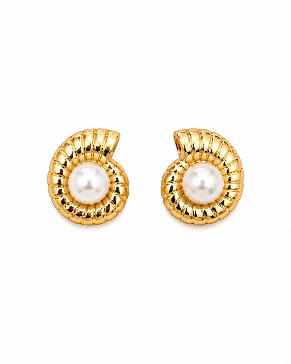 Gold-plated spiral earrings with pearl center on white background