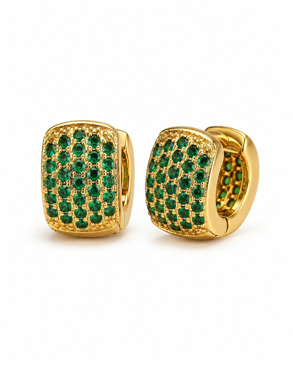 COMPLIMENTI gold-plated green pavé square huggie earrings, 1 cm, on white background