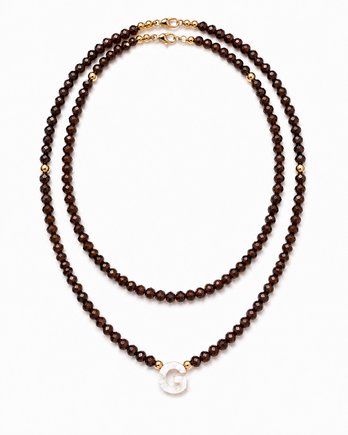 Chocolate personalized double glass bead necklace set with mother-of-pearl initial on white background