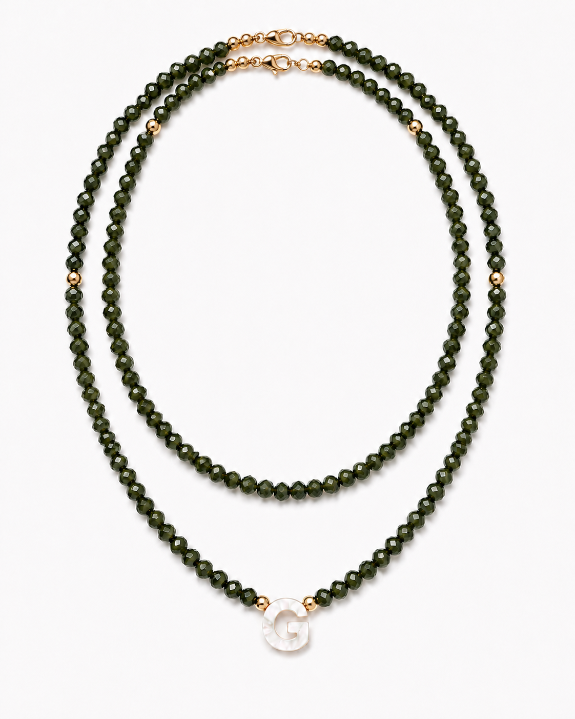 Dark military green personalized double glass bead necklace set with mother-of-pearl initial on white background