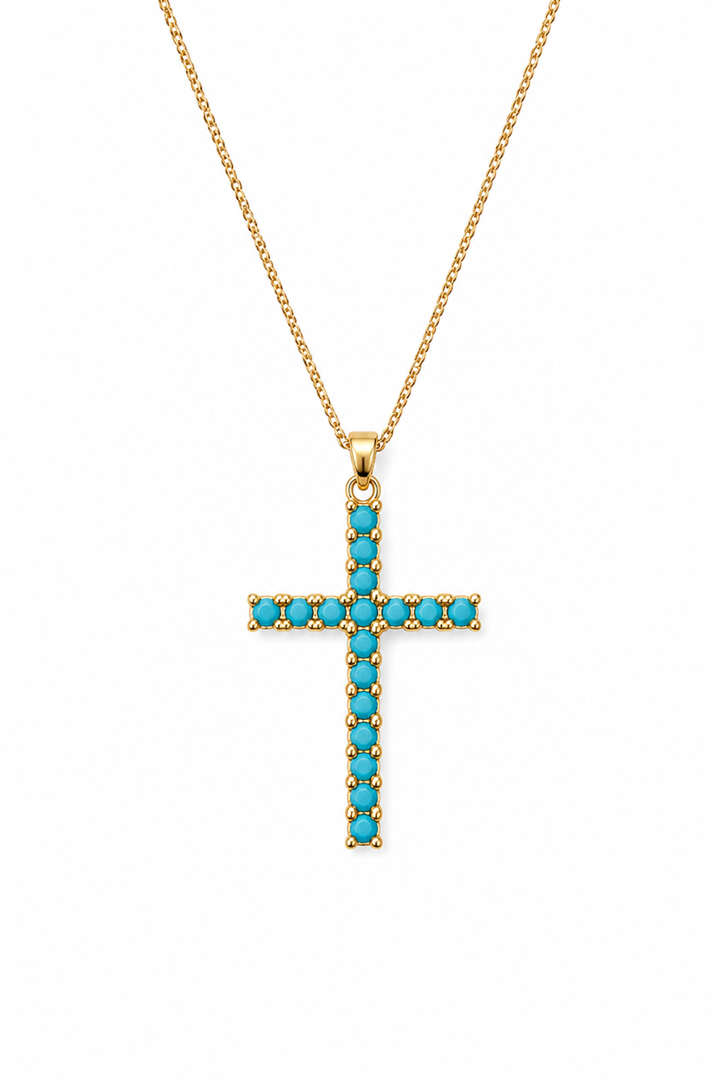 Gold-plated turquoise cross necklace, 18-inch chain, catalog view on white background