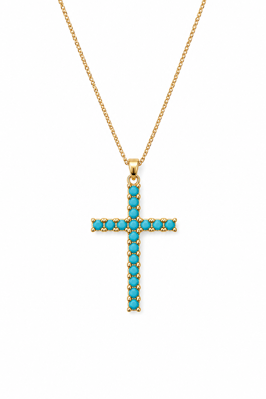 Gold-plated turquoise cross necklace, 18-inch chain, catalog view on white background