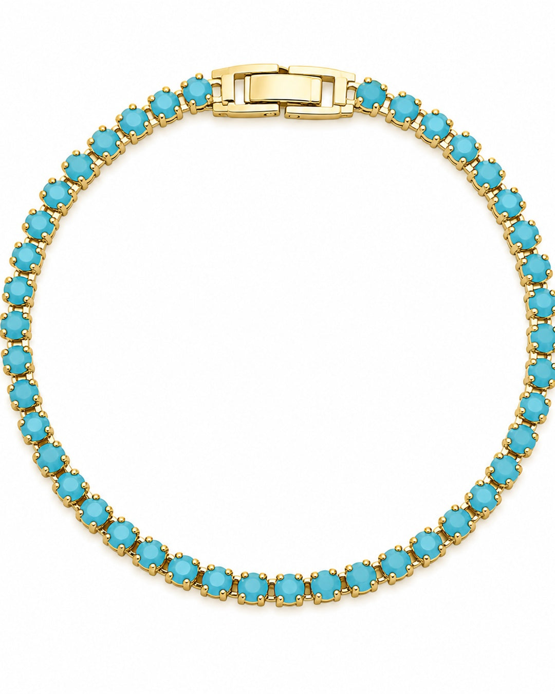 Gold-plated turquoise tennis bracelet, 6-inch size, catalog view on white background
