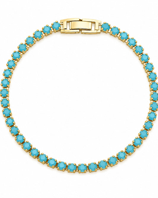 Gold-plated turquoise tennis bracelet, 6-inch size, catalog view on white background