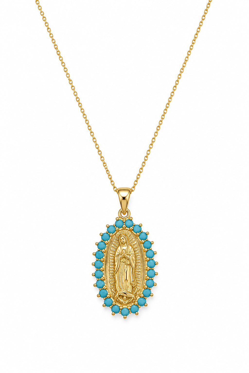 Gold-plated Virgin of Guadalupe turquoise medal necklace, 18-inch chain, catalog view on white background