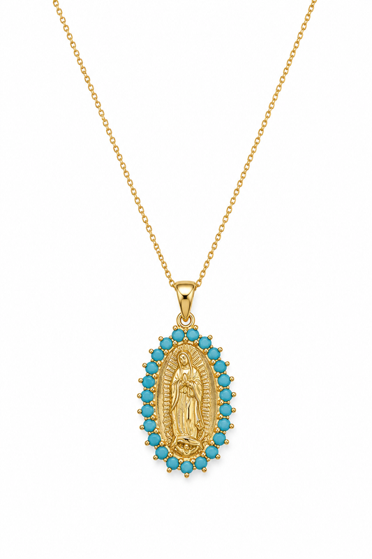 Gold-plated Virgin of Guadalupe turquoise medal necklace, 18-inch chain, catalog view on white background