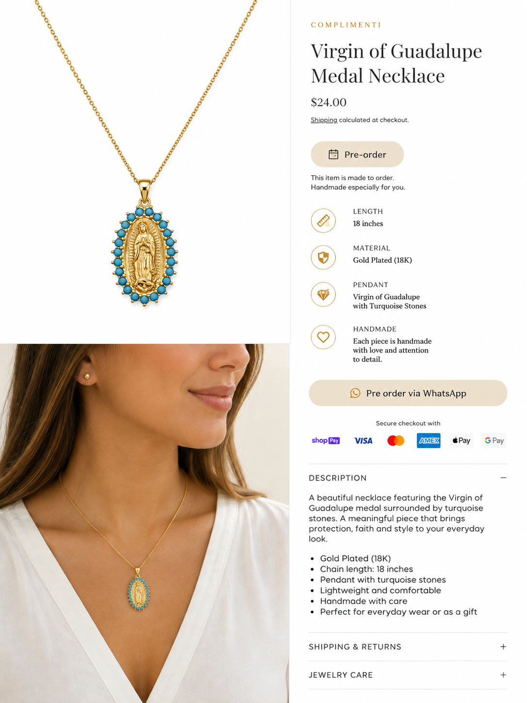 Model wearing gold-plated Virgin of Guadalupe turquoise medal necklace, 18-inch chain