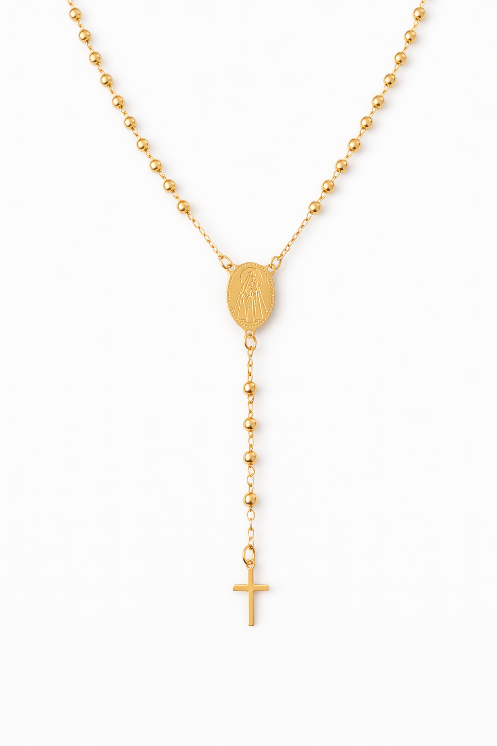 Gold-filled Virgen del Carmen rosary necklace on white background
